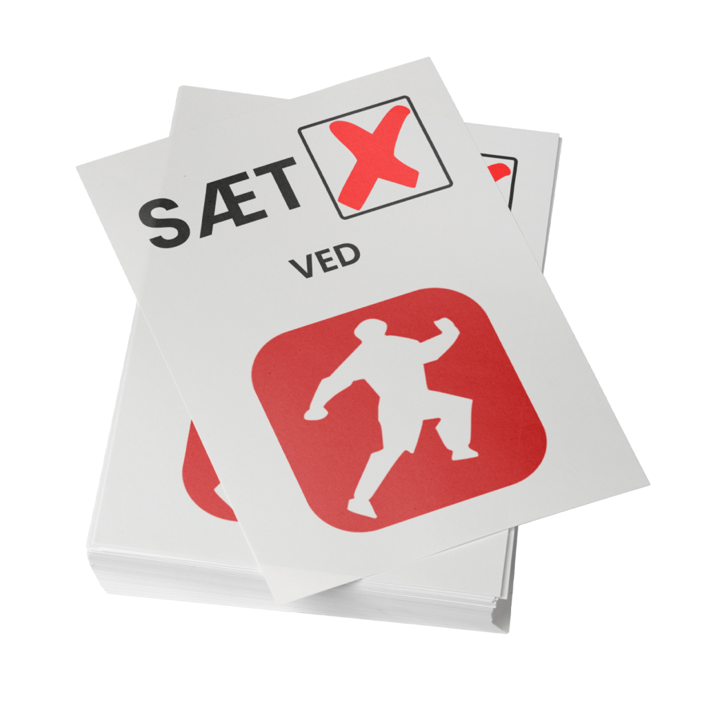 Valgplakater med teksten 'SÆT X VED' og et stort Pro-Print logo, bestående af en hvid silhuet af en løbende person på en rød baggrund.