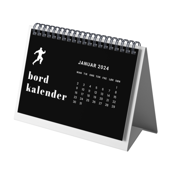 "Bordkalendere for januar 2024 med sort baggrund, hvid tekst og spiralbinding."