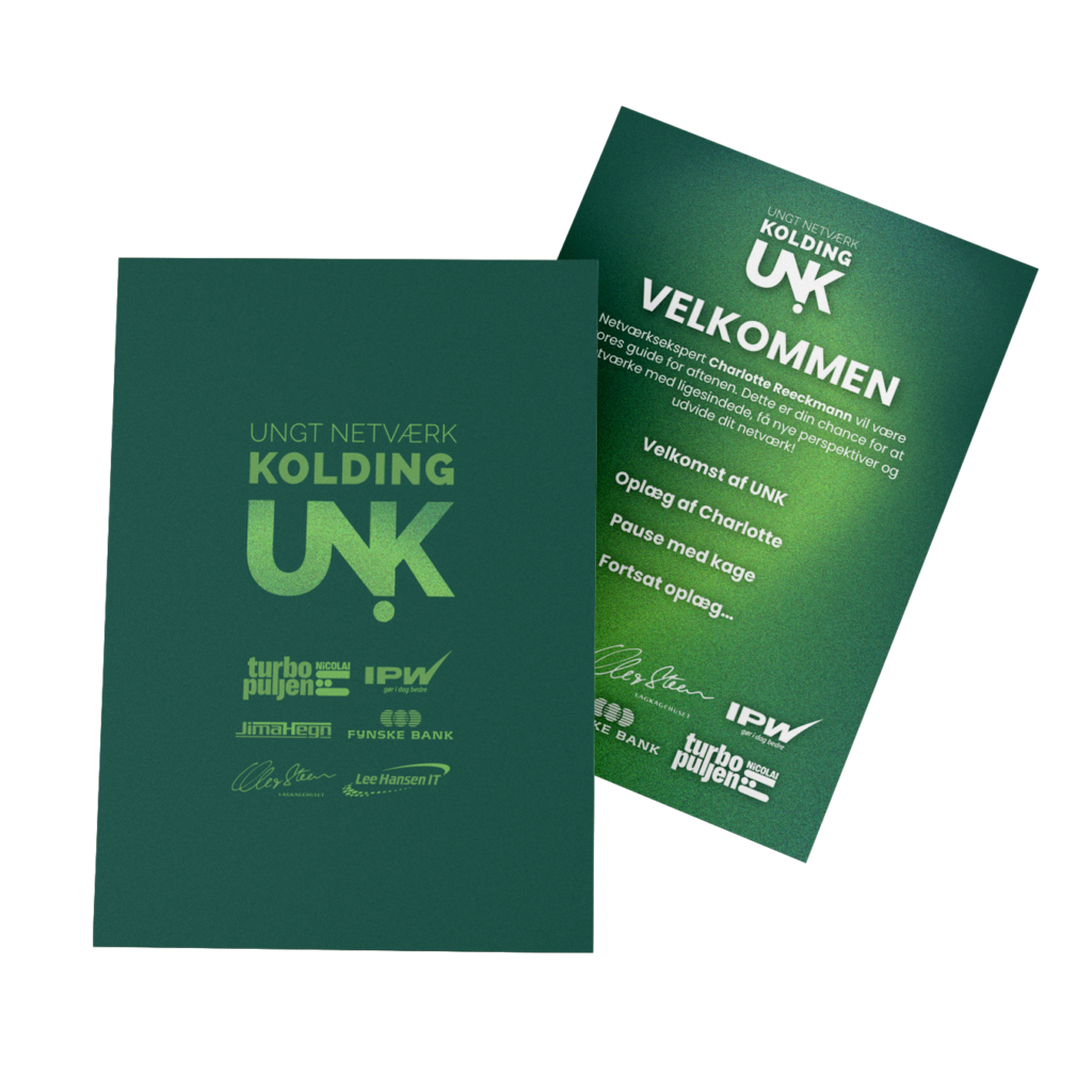 "Flyers for Ungt Netværk Kolding med logoer fra sponsorer og en velkomsttekst med agenda."