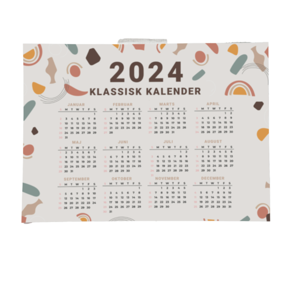 "Klassiske kalendere for 2024 med farverige abstrakte former langs kanterne."