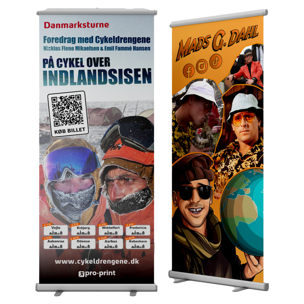 "Roll-up bannere for Cykeldrengene med deres foredrag 'På cykel over indlandsisen' og for Mads G. Dahl med en farverig collage og sociale medie ikoner."