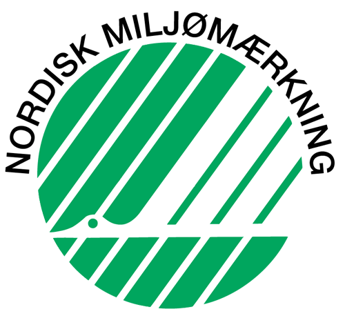 "Svanemærket logo, et officielt nordisk miljømærke med en hvid svane og grønne striber."