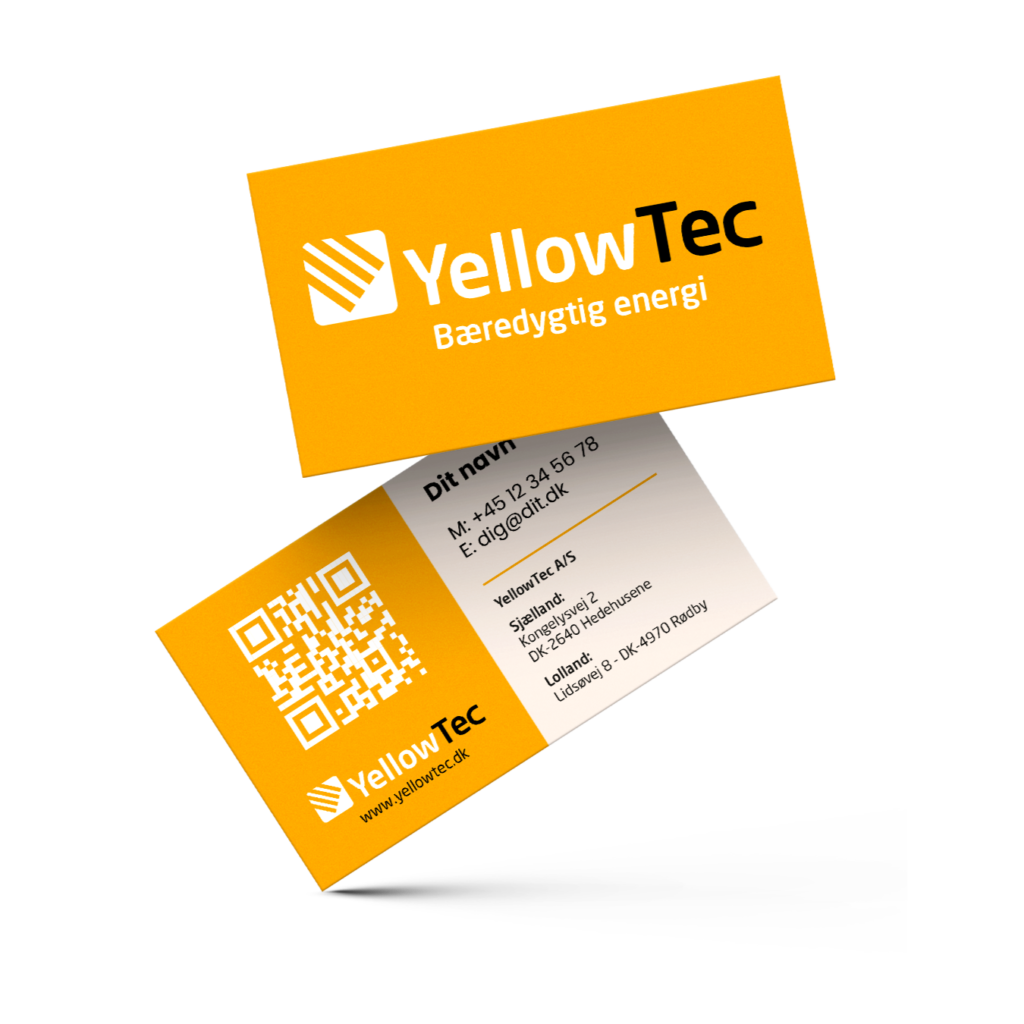 Visitkort for YellowTec med logo, slogan og kontaktoplysninger.