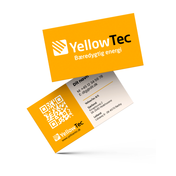 Visitkort for YellowTec med logo, slogan og kontaktoplysninger.